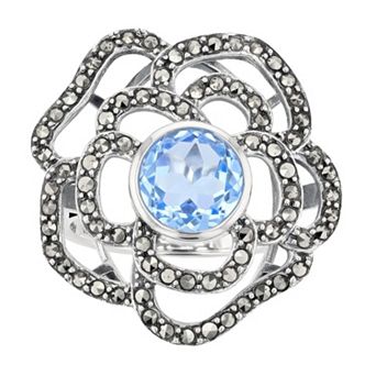 Lavish by TJM Sterling Silver Lab-Created Blue Quartz & Marcasite Rose Ring