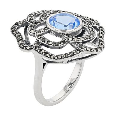 Lavish by TJM Sterling Silver Lab-Created Blue Quartz & Marcasite Rose Ring