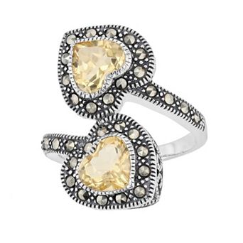 Lavish by TJM Sterling Silver Citrine & Marcasite Double Heart Bypass Ring