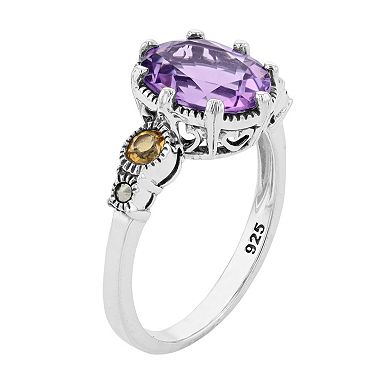Lavish by TJM Sterling Silver Oval Amethyst with Citrine & Marcasite Ring