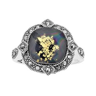 Lavish by TJM Sterling Silver Crystal Gold Leaf Black Onyx Doublet & Marcasite Cushion Ring