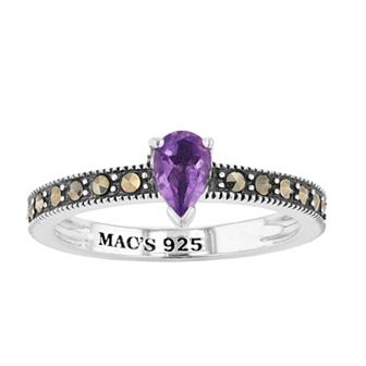 Lavish by TJM Sterling Silver Pear Cut Amethyst & Marcasite Ring