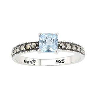 Lavish by TJM Sterling Silver Cushion Cut Sky Blue Topaz & Marcasite Ring