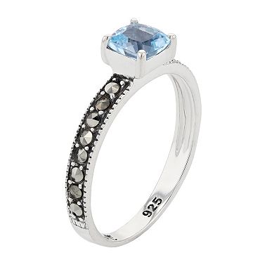 Lavish by TJM Sterling Silver Cushion Cut Sky Blue Topaz & Marcasite Ring