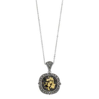 Lavish by TJM Sterling Silver Crystal Gold Leaf & Black Onyx Doublet Cushion Pendant Necklace