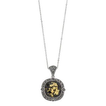 Lavish by TJM Sterling Silver Crystal Gold Leaf & Black Onyx Doublet Cushion Pendant Necklace