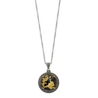 Lavish by TJM Sterling Silver Crystal Gold Leaf & Onyx Doublet Disc Pendant