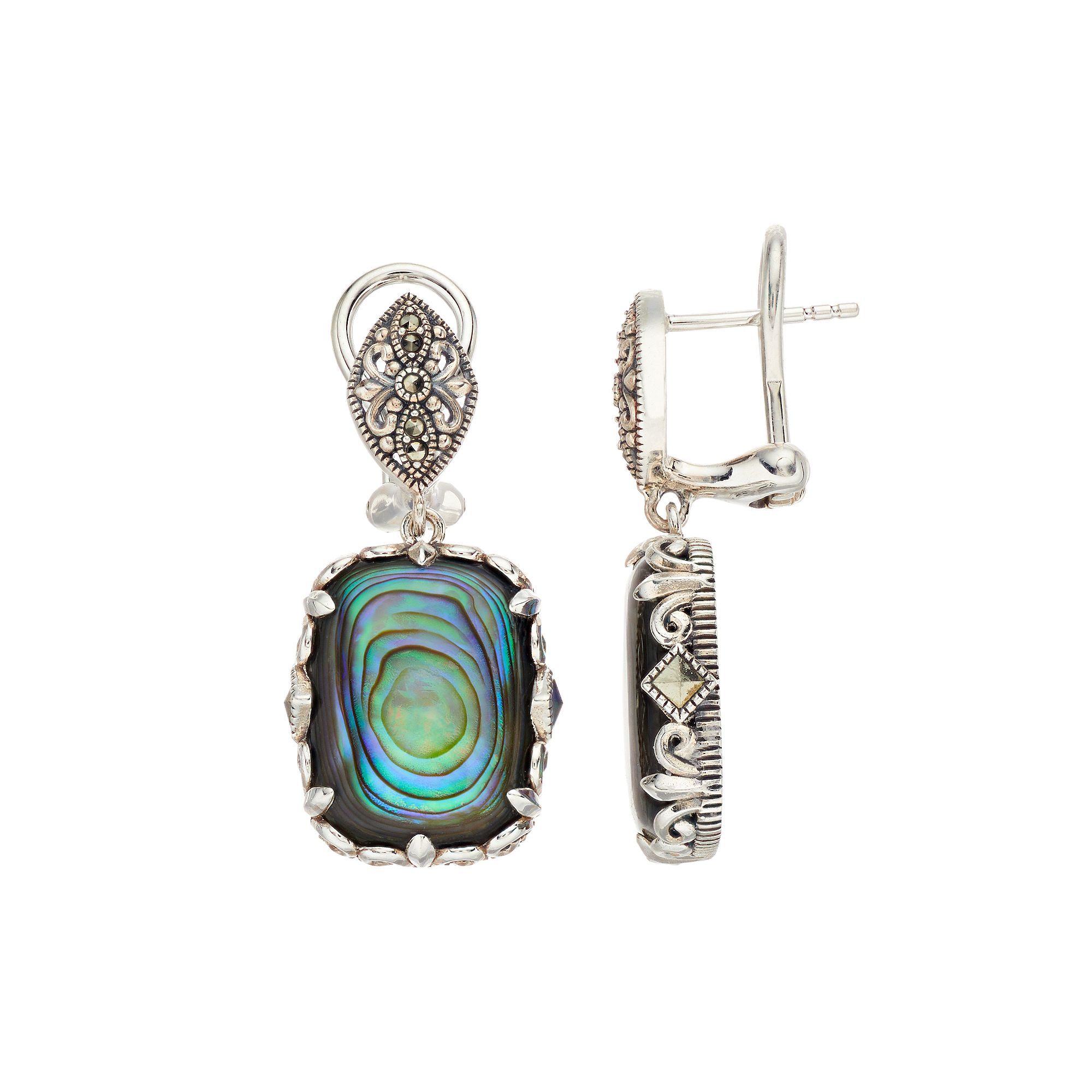 Lavish by TJM Sterling Silver Abalone & Marcasite Cushion Dangle Earrings, 