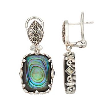 Lavish by TJM Sterling Silver Abalone & Marcasite Cushion Dangle Earrings