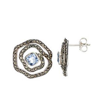 Lavish by TJM Sterling Silver Lab-Created Blue Quartz & Marcasite Rose Stud Earrings