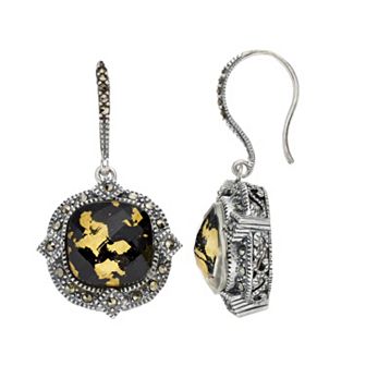 Lavish by TJM Sterling Silver Crystal Gold Leaf Black Onyx Doublet & Marcasite Drop Earrings