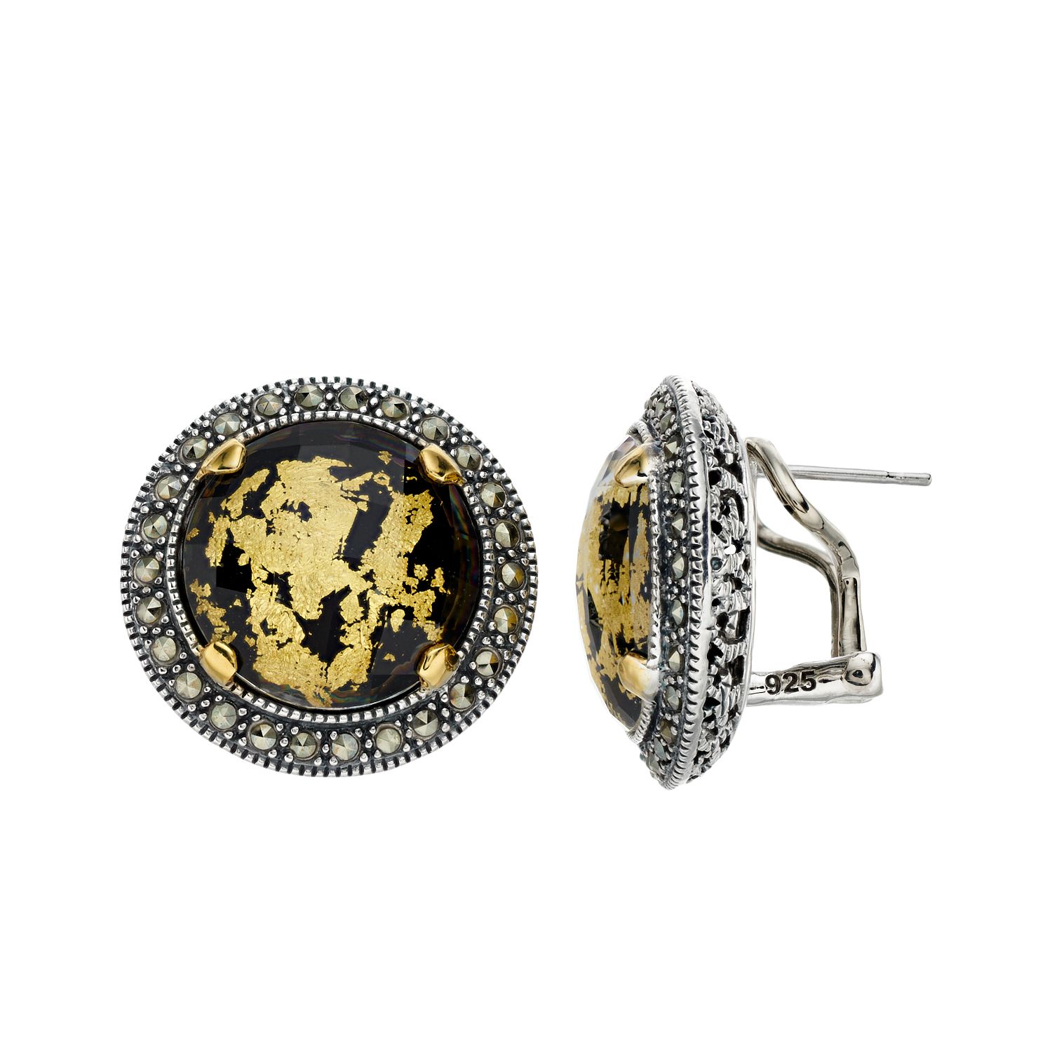Image for Lavish by TJM Sterling Silver Crystal Gold Leaf Black Onyx Doublet & Marcasite Omega Earrings at Kohl's.