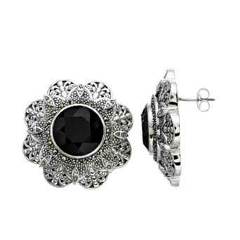 Lavish by TJM Sterling Silver Onyx & Marcasite Floral Stud Earrings