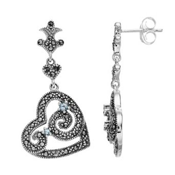 Lavish by TJM Sterling Silver Sky Blue Topaz & Marcasite Heart Drop Earrings