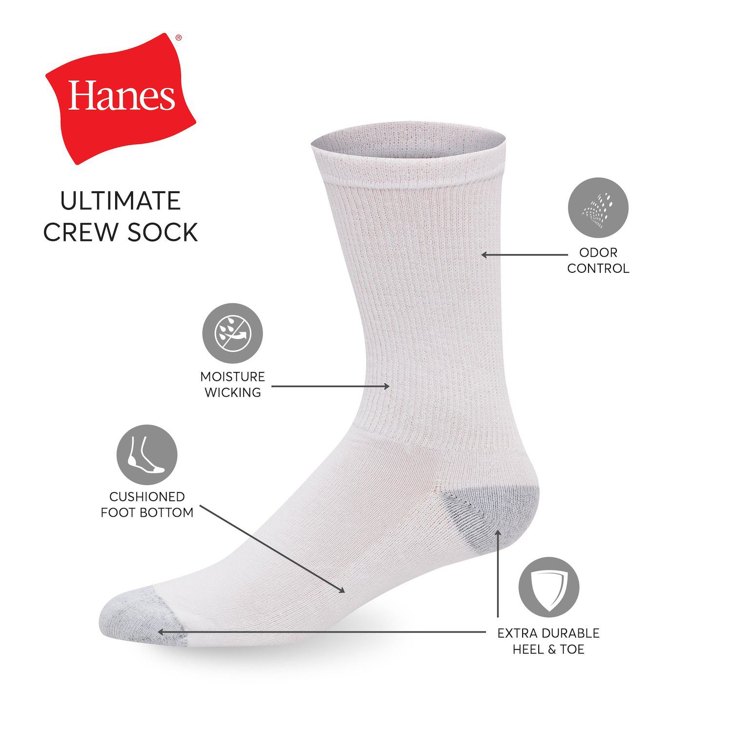 U10/5 - Hanes Men`s Ultimate X-Temp Crew Socks - White 5-Pack