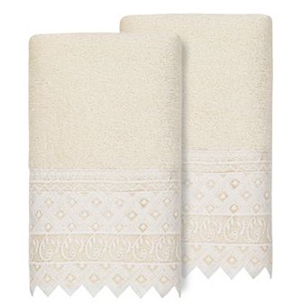 Linum Home Textiles Turkish Cotton Aiden 2 pc White Lace Embellished Hand Towel Set