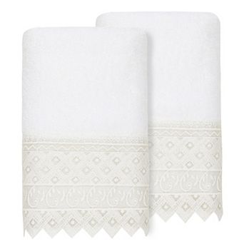 Linum Home Textiles Turkish Cotton Aiden 2 pc White Lace Embellished Hand Towel Set