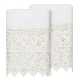 Linum Home Textiles Turkish Cotton Aiden 2 pc White Lace Embellished Washcloth Set