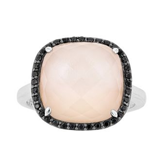 SIRI USA by TJM Sterling Silver Crystal Pink Mother-of-Pearl Doublet & Black Spinel Cushion Ring