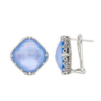 SIRI USA by TJM Sterling Silver Lab-Created Blue Quartz & Mother-of-Pearl Doublet Cushion Omega Earrings