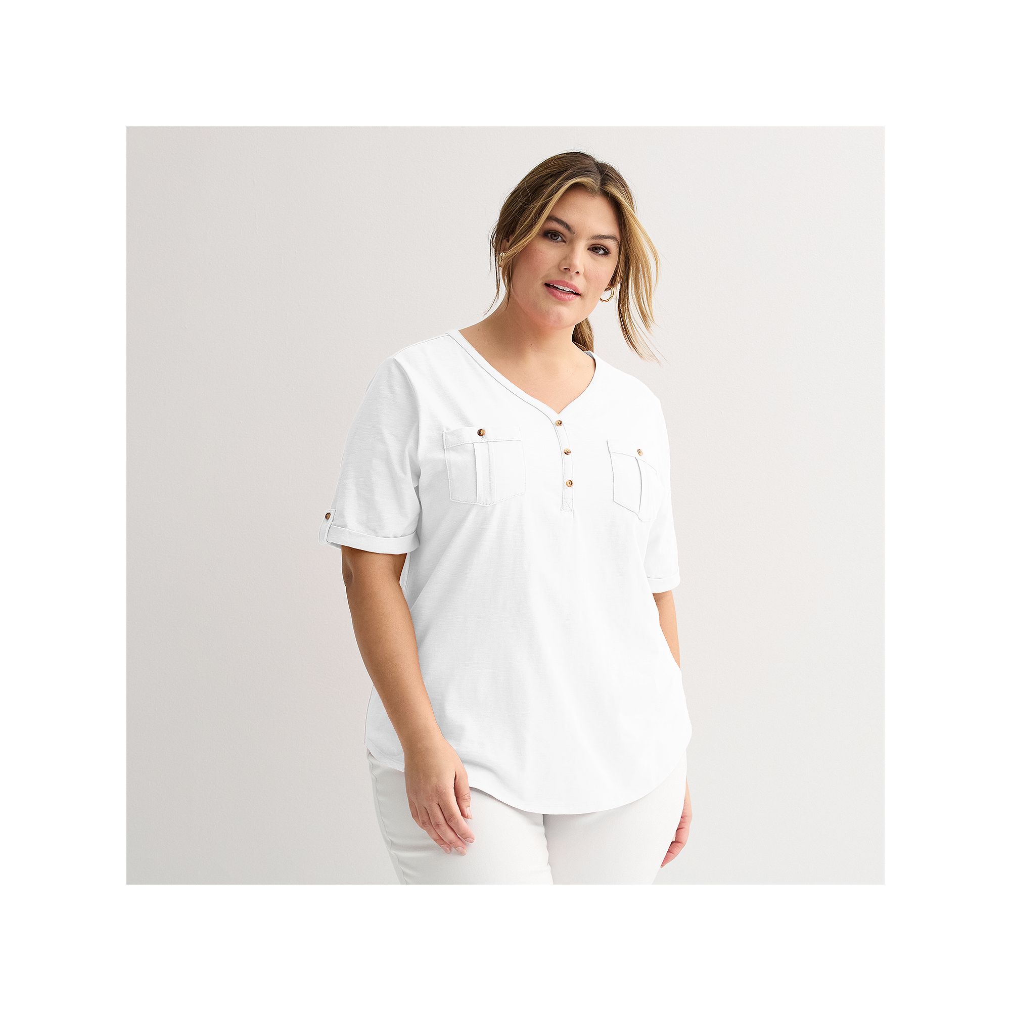 Plus Croft & Barrow® Elbow Sleeve Utility Henley Top, Womens, Size: 2XL, 