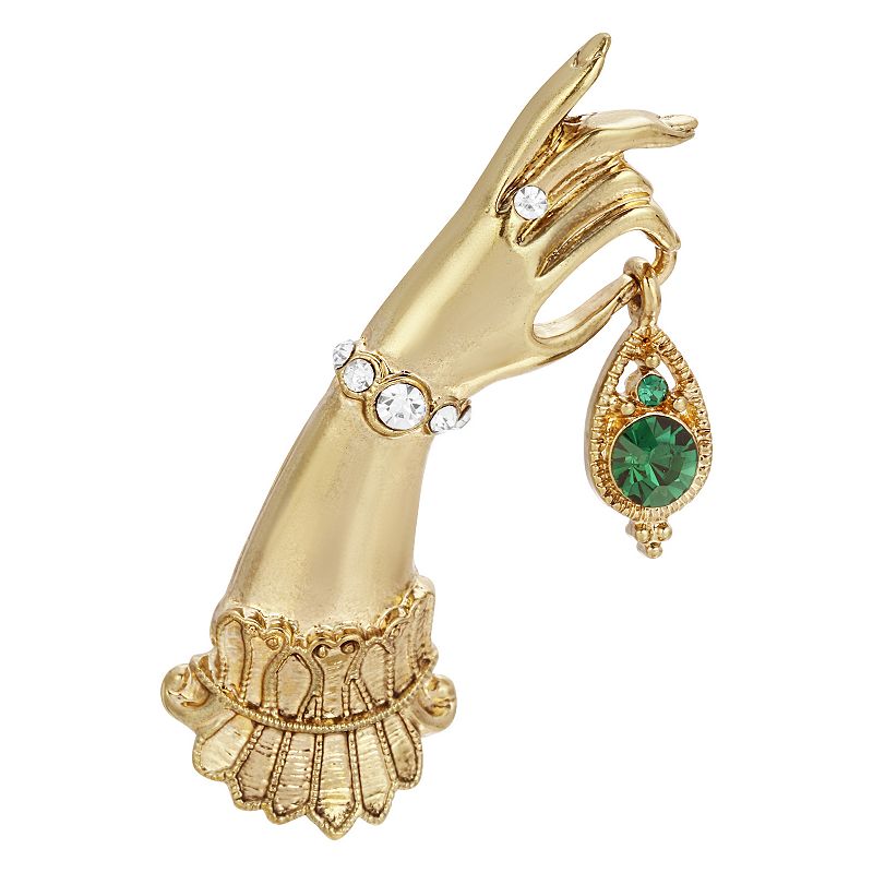 1928 Gold Tone Simulated Crystal Ladys Hand Pin, Womens, Green