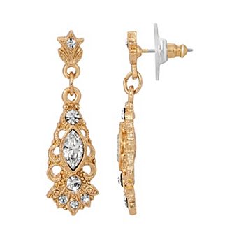 1928 Gold Tone Simulated Crystal Filigree Drop Earrings