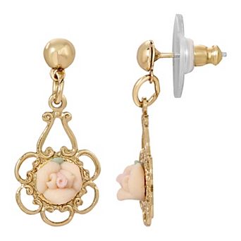 1928 Gold Tone Porcelain Rose Drop Earrings
