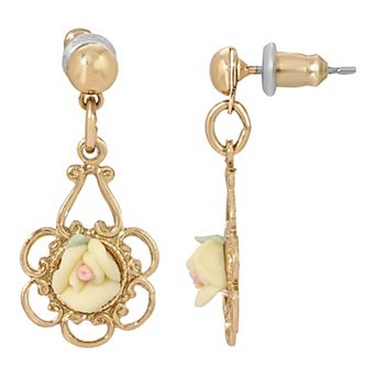 1928 Gold Tone White Porcelain Rose Drop Earrings