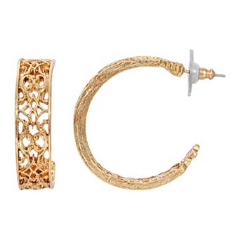 1928 Gold Tone Filigree Hoop Earrings