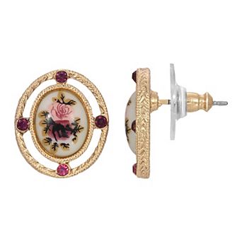 1928 Gold Tone Purple & Blush Floral Manor House Oval Button Earrings