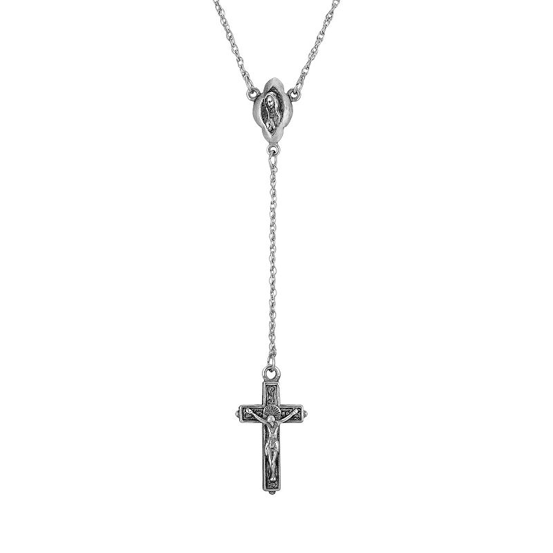 1928 Silver Tone Mother Mary & Crucifix Y-Necklace, Womens, Grey