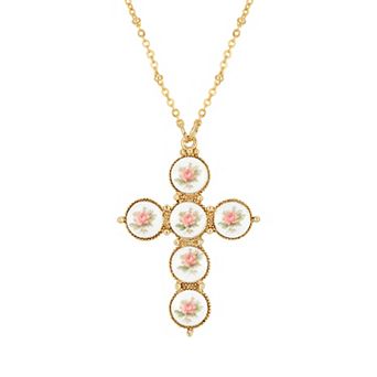 1928 Gold Tone Pink Flower Decal Cross Pendant Necklace