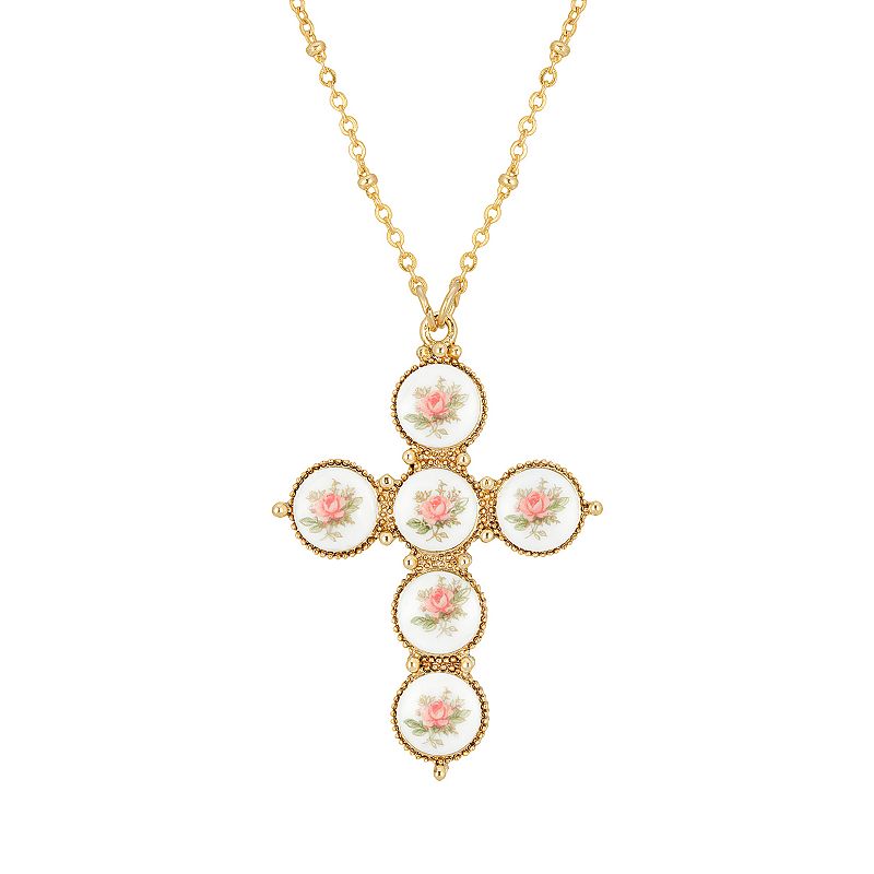 1928 Gold Tone Pink Flower Decal Cross Pendant Necklace, Womens