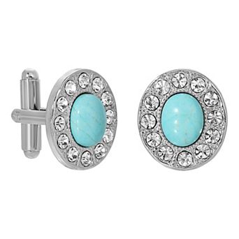 1928 Silver Tone Simulated Turquoise Oval Cuff Links