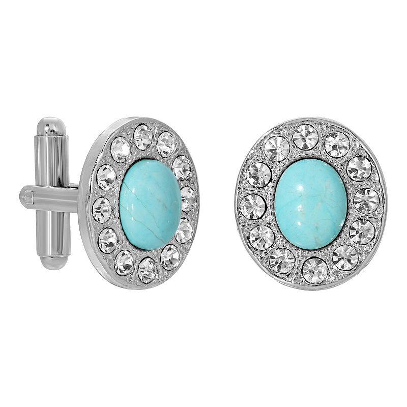 1928 Silver Tone Simulated Turquoise Oval Cuff Links, Turquoise/Blue