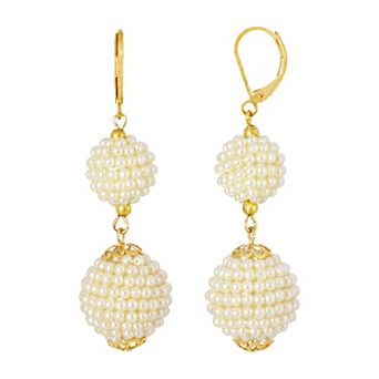 1928 Gold Tone Seeded Simulated Pearl Double Ball Drop Earrings