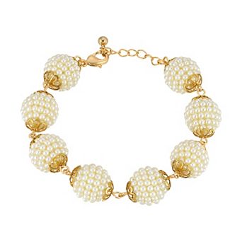 1928 Gold Tone Simulated Pearl Seeded Multi Ball Bracelet