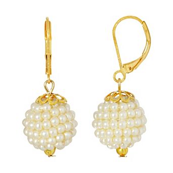 1928 Gold Tone Simulated Pearl Seeded Ball Drop Earrings