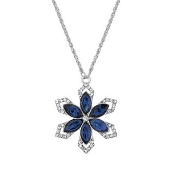 1928 Silver Tone Simulated Blue & Clear Crystal Flower Necklace