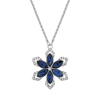 1928 Silver Tone Simulated Blue & Clear Crystal Flower Necklace