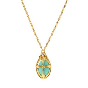 1928 Symbols of Faith Gold Tone Simulated Turquoise Oval Cross Necklace