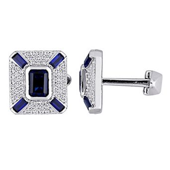 Stella Grace Sterling Silver Lab-Created Blue & White Sapphire Rectangular Cufflinks