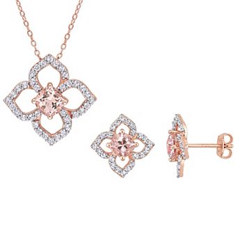Stella Grace 18k Rose Gold Over Silver Morganite & White Topaz Floral Earring & Pendant Necklace Set