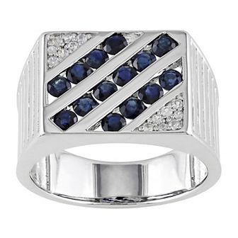 Stella Grace Men's Sterling Silver Blue & White Sapphire Square Ring