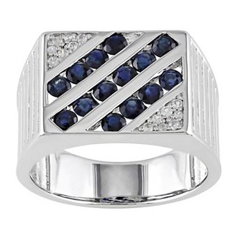 Stella Grace Men's Sterling Silver Blue & White Sapphire Square Ring