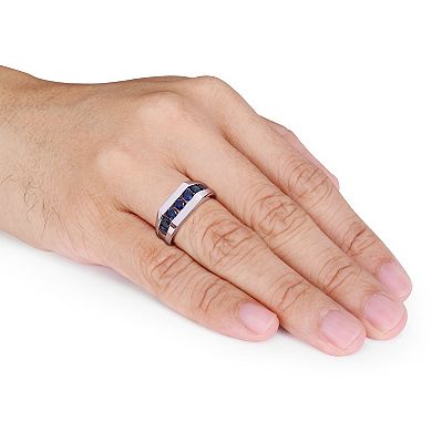 Stella Grace Men's Sterling Silver Lab-Created Blue Sapphire Channel Set Ring