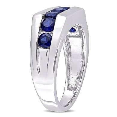 Stella Grace Men's Sterling Silver Lab-Created Blue Sapphire Channel Set Ring