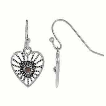 1928 Silver Tone Dark Simulated Crystal Heart Filigree Drop Earrings