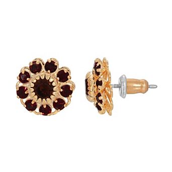1928 Gold Tone Garnet Color Crystal Cluster Flower Stud Earrings
